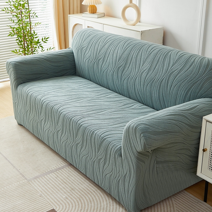 91家纺网 家纺一手货源 找家纺 共鸣沙发套 2025春夏新款水波纹弹力提花全包万能沙发套单沙发套全包款 墨绿色
