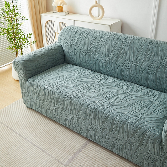 91家纺网 家纺一手货源 找家纺 共鸣沙发套 2025春夏新款水波纹弹力提花全包万能沙发套单沙发套全包款 墨绿色