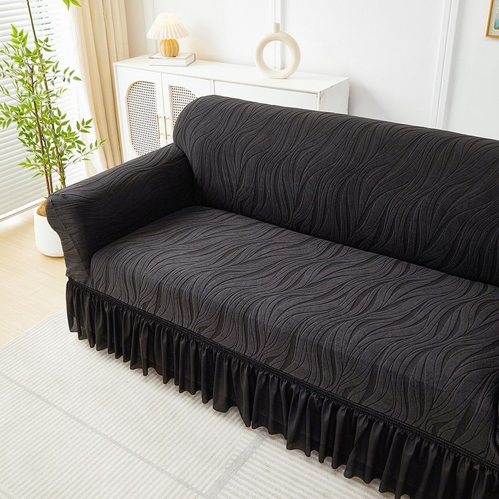 91家纺网 家纺一手货源 找家纺 共鸣沙发套 2025春夏新款水波纹裙摆弹力提花全包万能沙发套单沙发套裙摆款 黑色