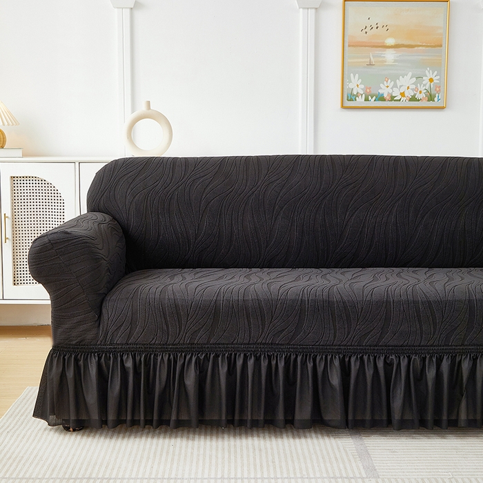 91家纺网 家纺一手货源 找家纺 共鸣沙发套 2025春夏新款水波纹裙摆弹力提花全包万能沙发套单沙发套裙摆款 黑色