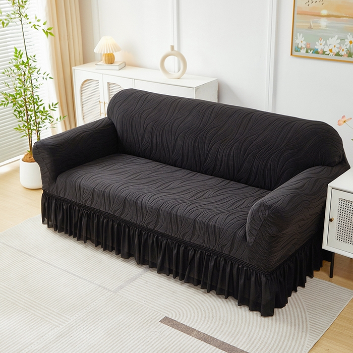 91家纺网 家纺一手货源 找家纺 共鸣沙发套 2025春夏新款水波纹裙摆弹力提花全包万能沙发套单沙发套裙摆款 黑色