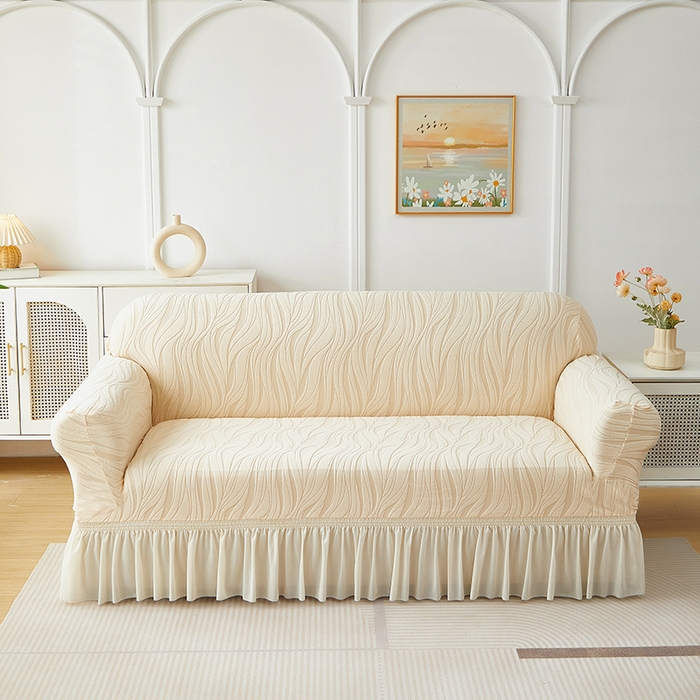 共鸣沙发套 2025春夏新款水波纹裙摆弹力提花全包万能沙发套单沙发套裙摆款 米黄色