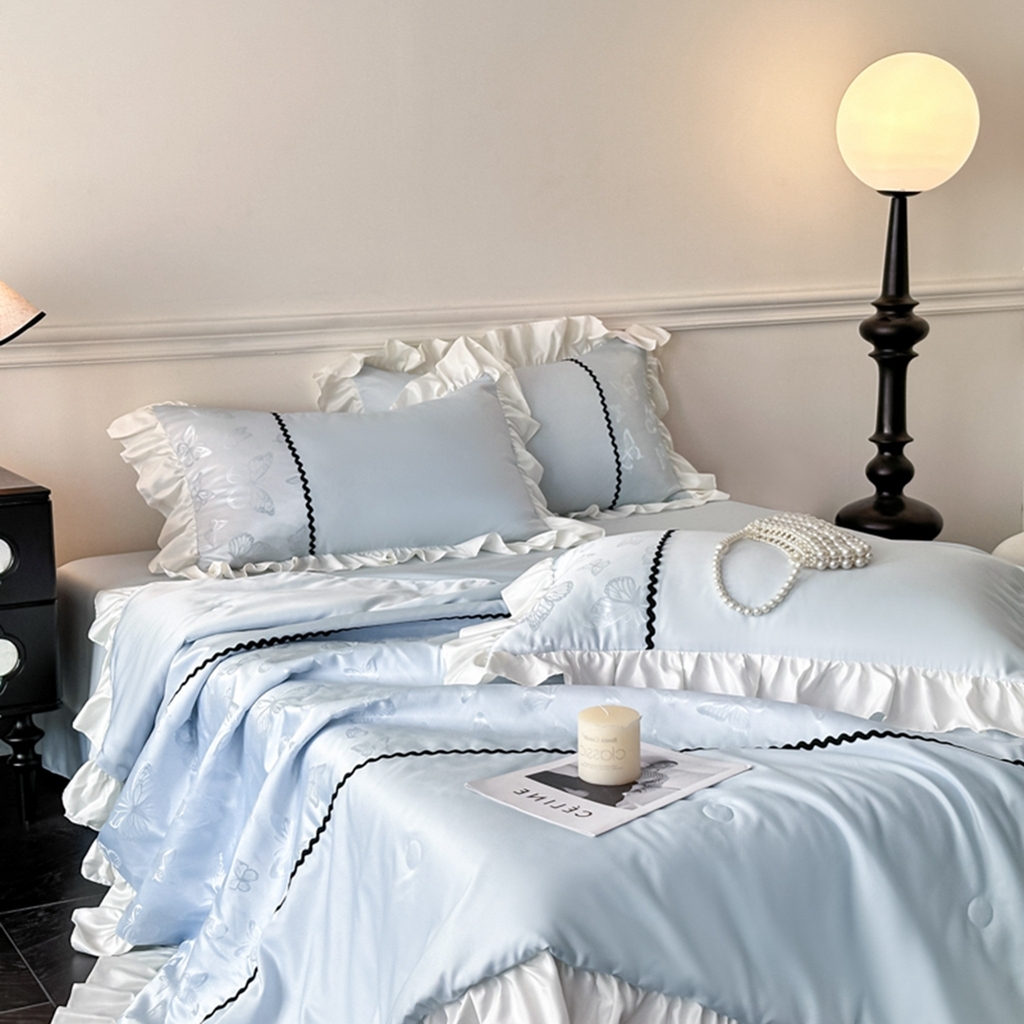 米彩家纺 2025新款A类水洗真丝亮光浮雕洛丽塔夏被夏凉被空调被四件套 天兰