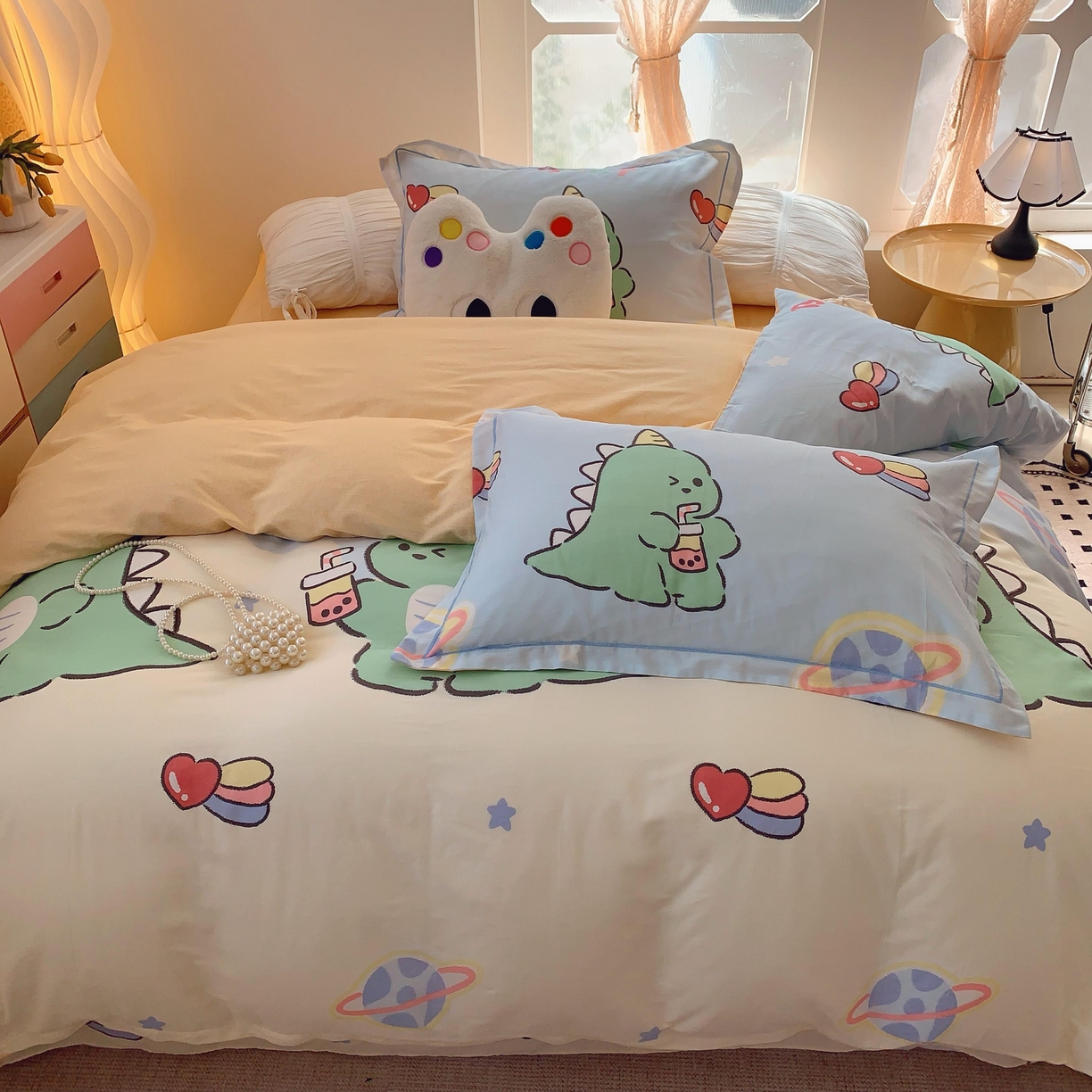 91家纺网 家纺一手货源 找家纺 莱豫家纺 2025新款亲肤舒适小清新印花全棉纯棉四件套-第二批 星际恐龙