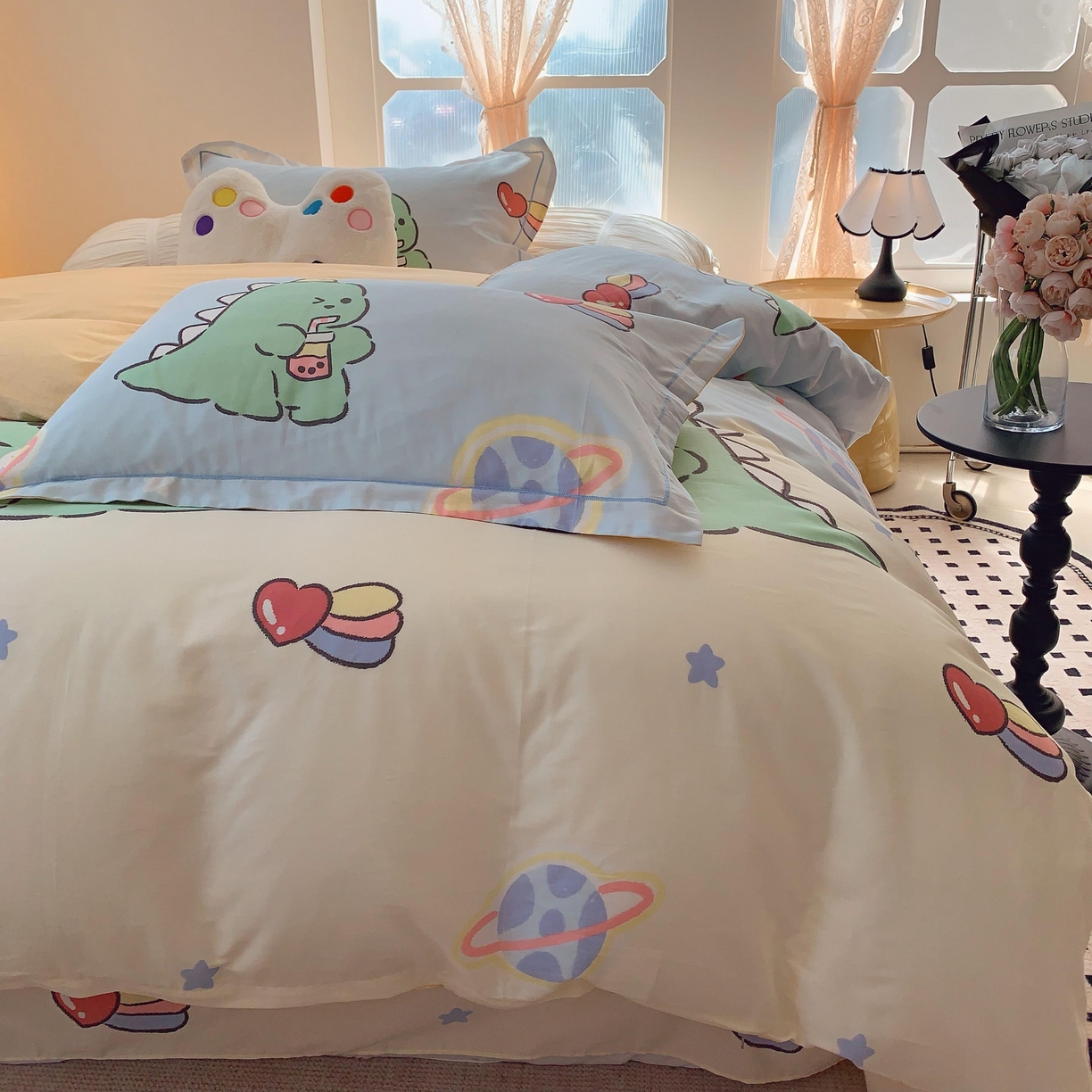 91家纺网 家纺一手货源 找家纺 莱豫家纺 2025新款亲肤舒适小清新印花全棉纯棉四件套-第二批 星际恐龙