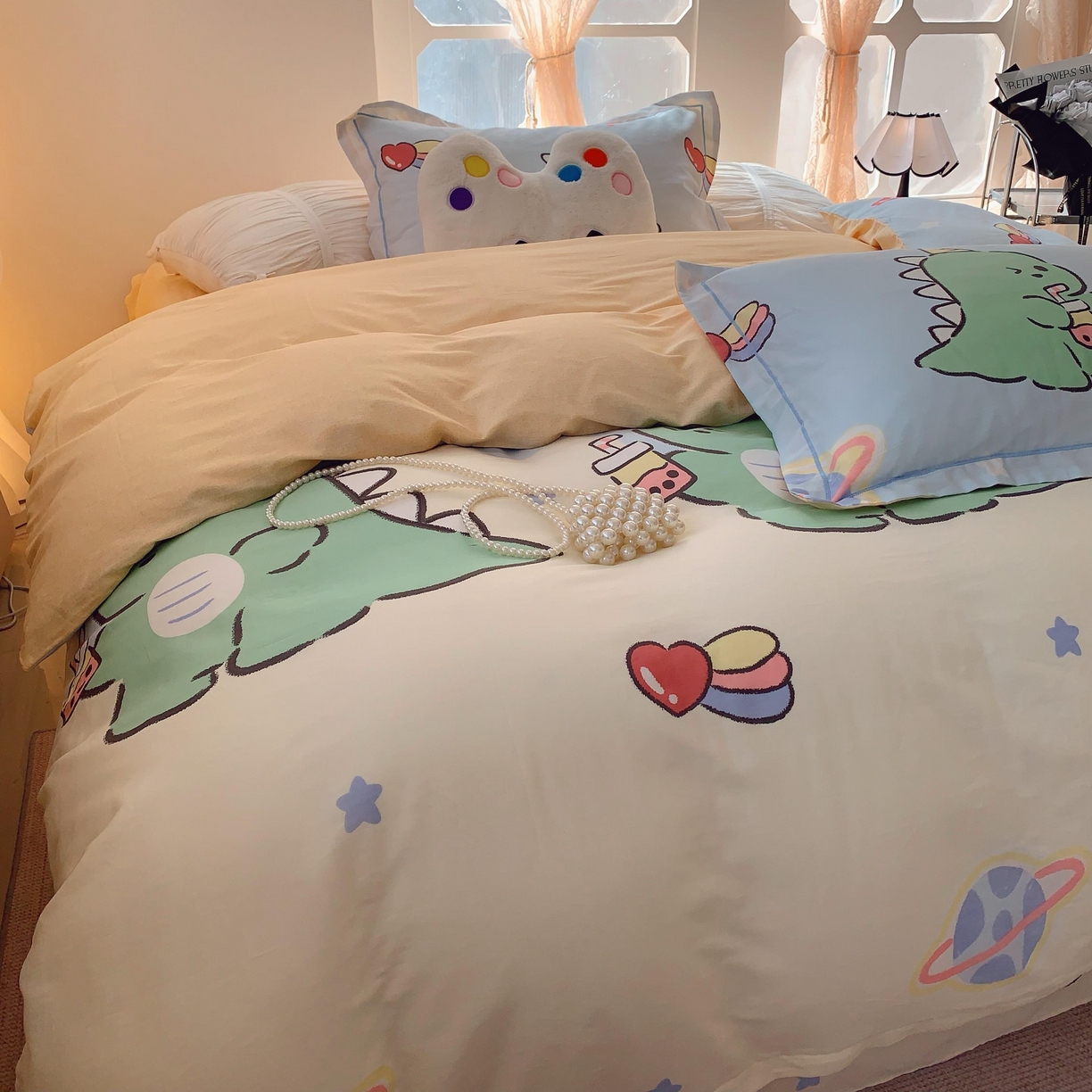 91家纺网 家纺一手货源 找家纺 莱豫家纺 2025新款亲肤舒适小清新印花全棉纯棉四件套-第二批 星际恐龙