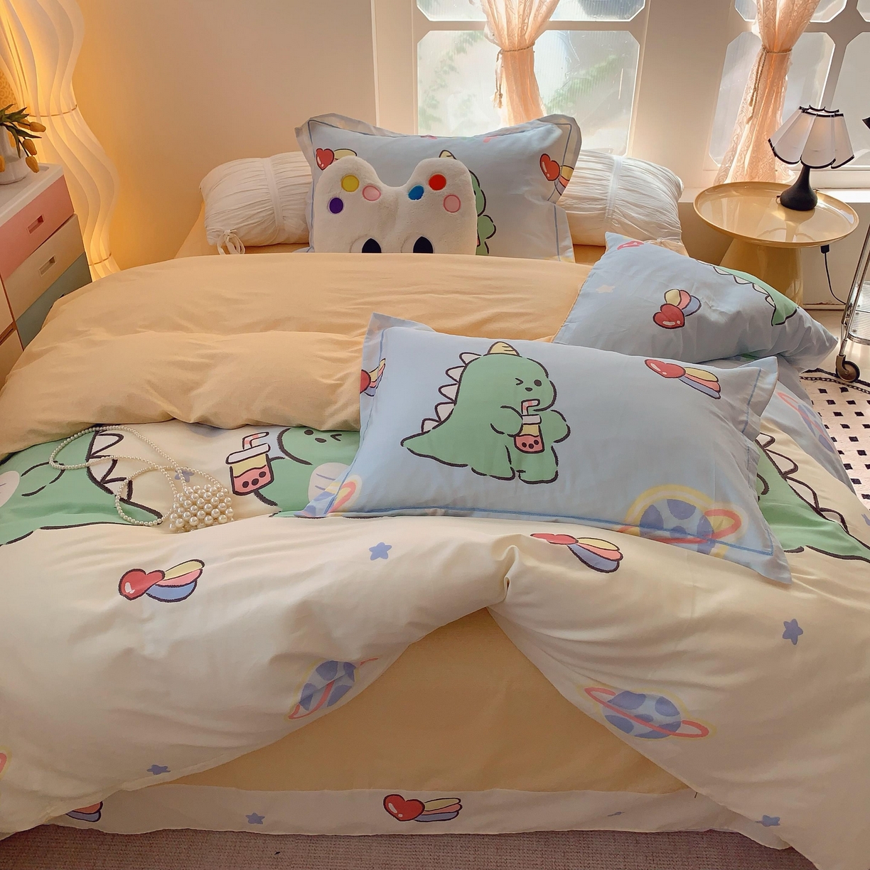 91家纺网 家纺一手货源 找家纺 莱豫家纺 2025新款亲肤舒适小清新印花全棉纯棉四件套-第二批 星际恐龙