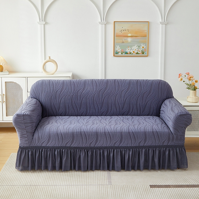 共鸣沙发套 2025春夏新款水波纹裙摆弹力提花全包万能沙发套单沙发套裙摆款 深灰色（偏蓝）