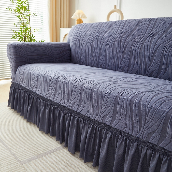 91家纺网 家纺一手货源 找家纺 共鸣沙发套 2025春夏新款水波纹裙摆弹力提花全包万能沙发套单沙发套裙摆款 深灰色（偏蓝）