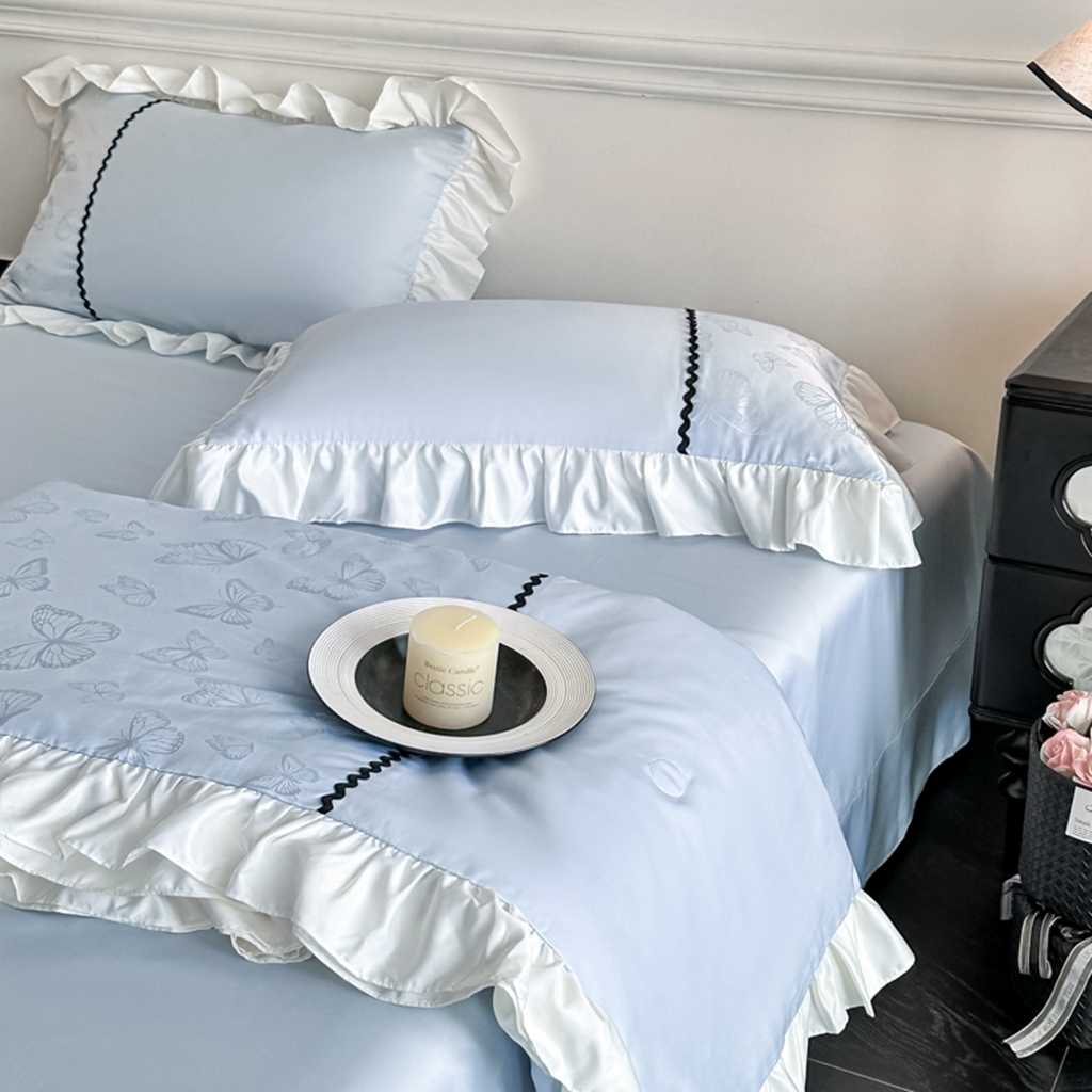 91家纺网 家纺一手货源 找家纺 米彩家纺 2025新款A类水洗真丝亮光浮雕洛丽塔夏被夏凉被空调被四件套 天兰