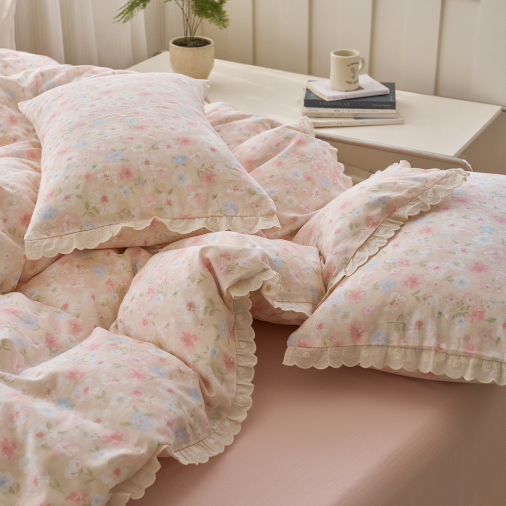 91家纺网 家纺一手货源 找家纺 （总）洋铭区（原狠狠爱） 2025新款花边全棉双层纱四件套