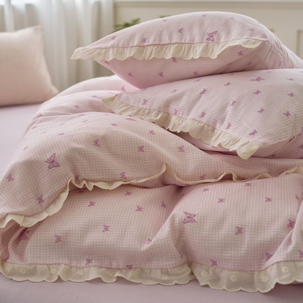 91家纺网 家纺一手货源 找家纺 洋铭区（原狠狠爱） 2025新款花边全棉双层纱四件套 心动蝴蝶