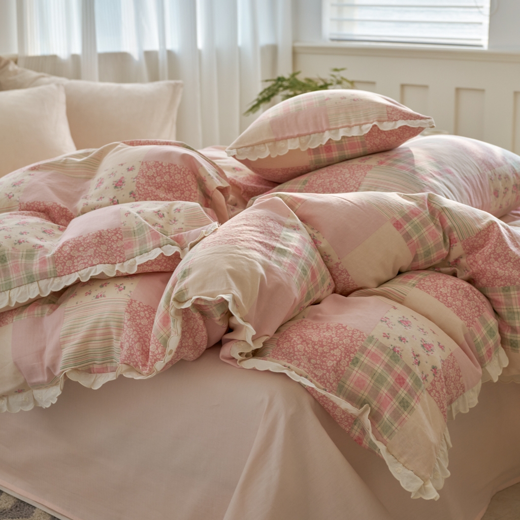 91家纺网 家纺一手货源 找家纺 洋铭区（原狠狠爱） 2025新款花边全棉双层纱四件套 花茶粉格