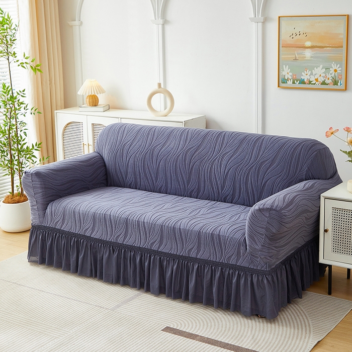 91家纺网 家纺一手货源 找家纺 共鸣沙发套 2025春夏新款水波纹裙摆弹力提花全包万能沙发套单沙发套裙摆款 深灰色（偏蓝）