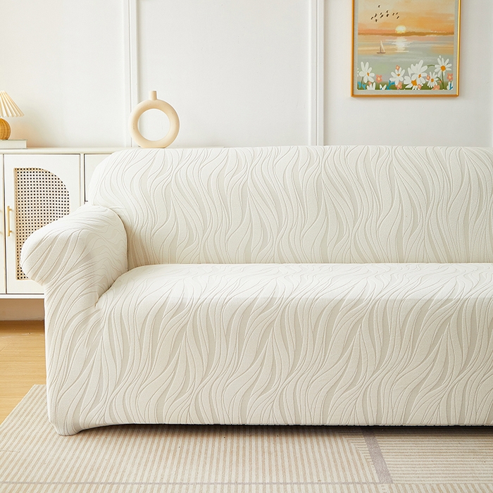 91家纺网 家纺一手货源 找家纺 共鸣沙发套 2025春夏新款水波纹弹力提花全包万能沙发套单沙发套全包款 象牙白