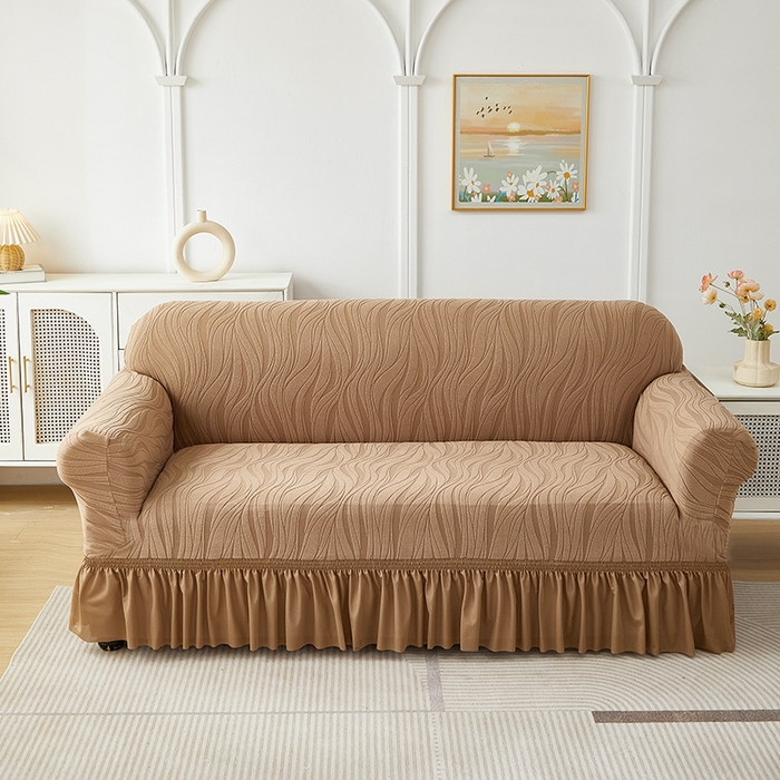 共鸣沙发套 2025春夏新款水波纹裙摆弹力提花全包万能沙发套单沙发套裙摆款 驼色