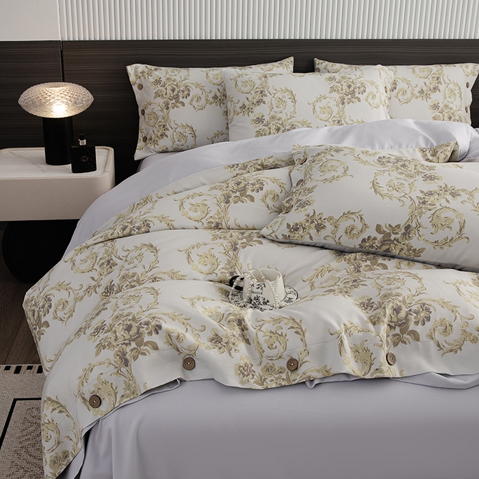 91家纺网 家纺一手货源 找家纺 （总）果洋家纺 2025新款水洗双层纱复古纽扣款轻奢风小碎花系列四件套