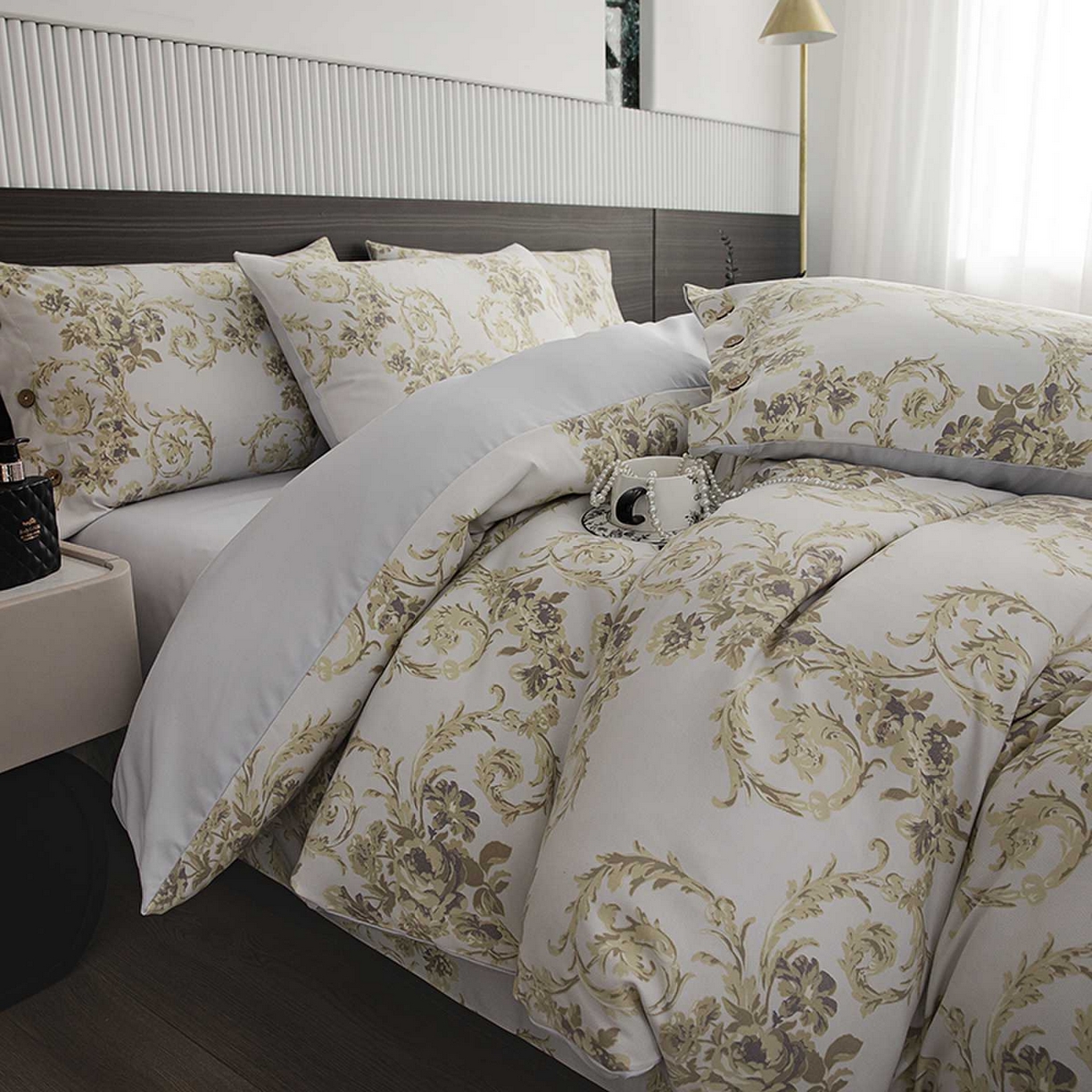 91家纺网 家纺一手货源 找家纺 （总）果洋家纺 2025新款水洗双层纱复古纽扣款轻奢风小碎花系列四件套