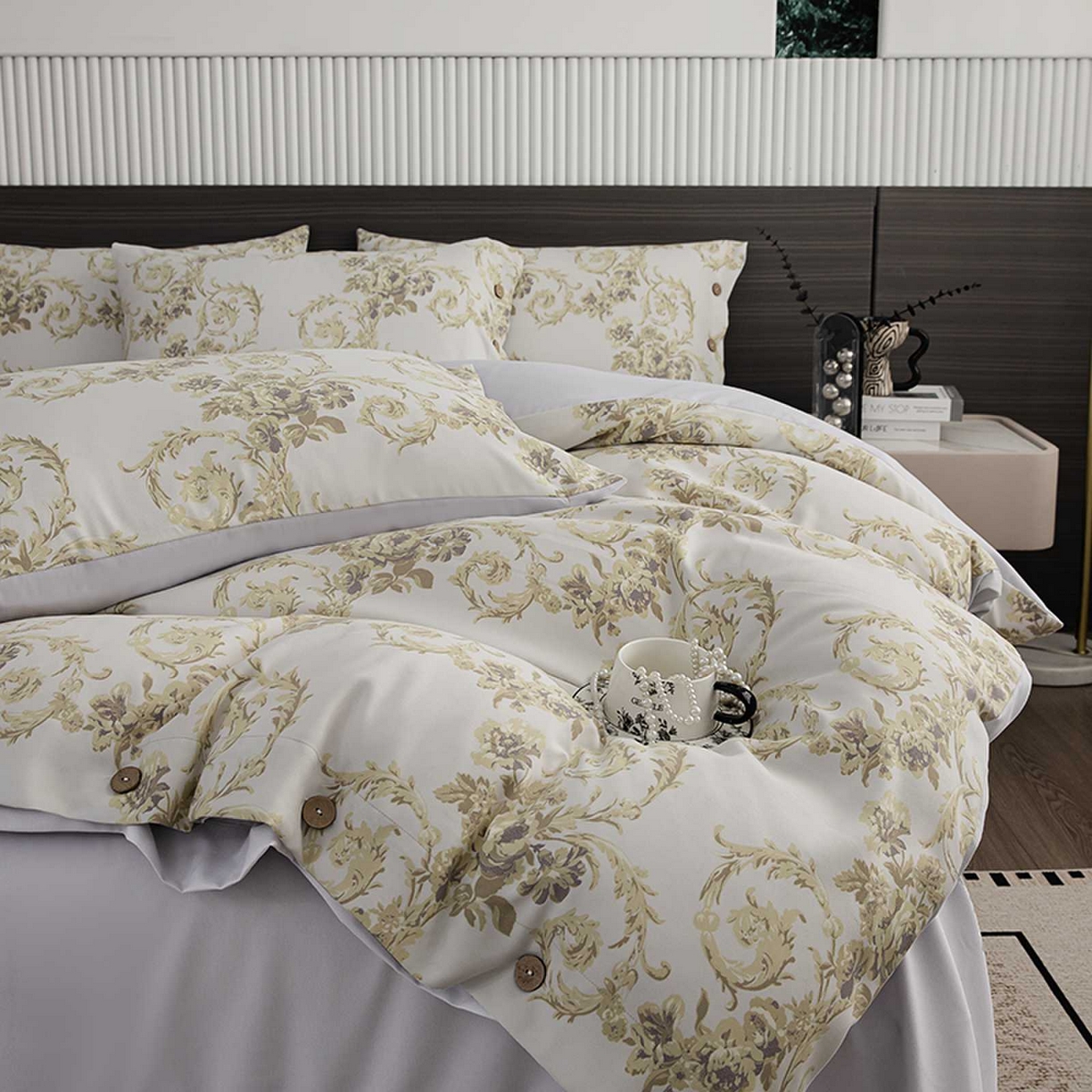 91家纺网 家纺一手货源 找家纺 （总）果洋家纺 2025新款水洗双层纱复古纽扣款轻奢风小碎花系列四件套