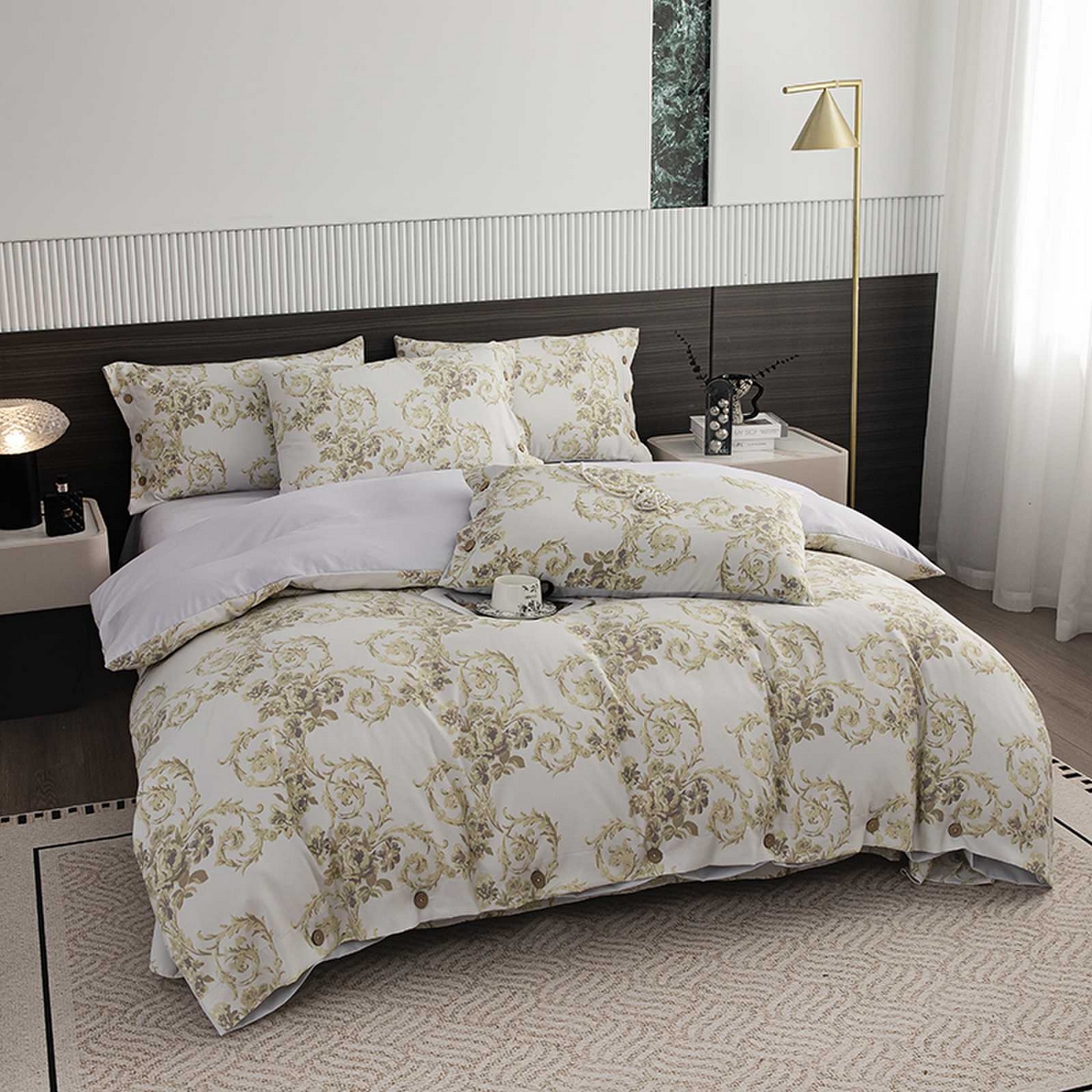 91家纺网 家纺一手货源 找家纺 （总）果洋家纺 2025新款水洗双层纱复古纽扣款轻奢风小碎花系列四件套