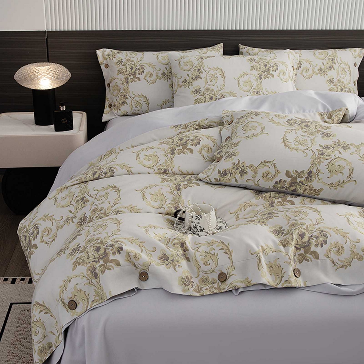 91家纺网 家纺一手货源 找家纺 （总）果洋家纺 2025新款水洗双层纱复古纽扣款轻奢风小碎花系列四件套