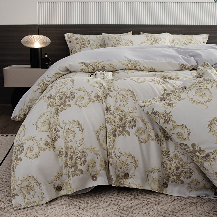 91家纺网 家纺一手货源 找家纺 （总）果洋家纺 2025新款水洗双层纱复古纽扣款轻奢风小碎花系列四件套