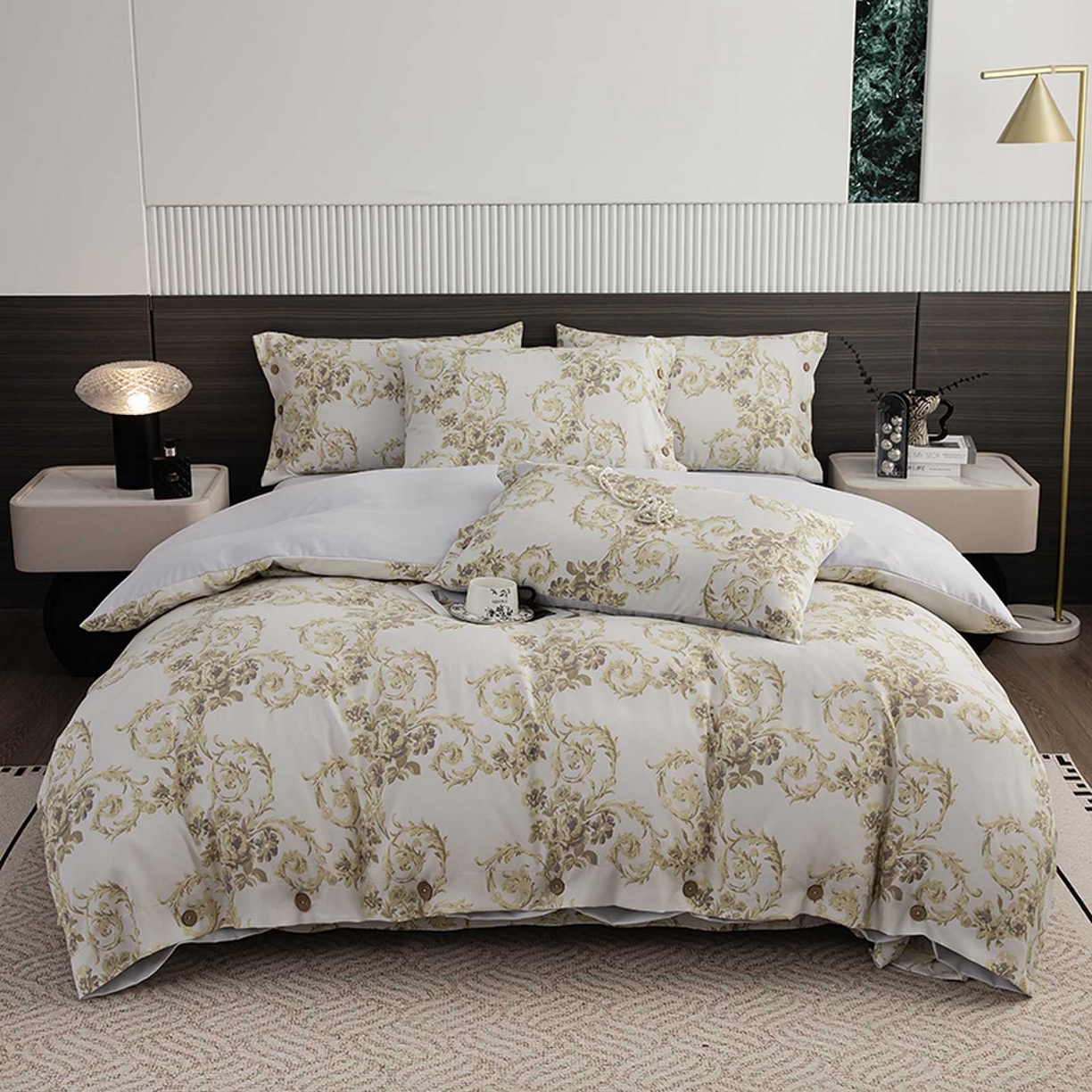 91家纺网 家纺一手货源 找家纺 （总）果洋家纺 2025新款水洗双层纱复古纽扣款轻奢风小碎花系列四件套