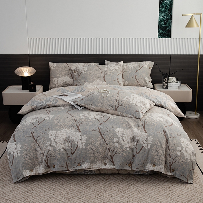 91家纺网 家纺一手货源 找家纺 果洋家纺 2025新款水洗双层纱复古纽扣款轻奢风小碎花系列四件套 粉黛-灰