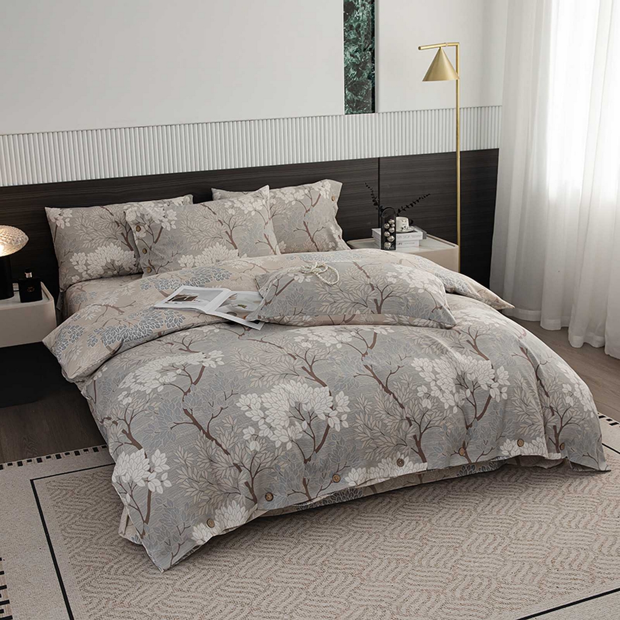 91家纺网 家纺一手货源 找家纺 果洋家纺 2025新款水洗双层纱复古纽扣款轻奢风小碎花系列四件套 粉黛-灰