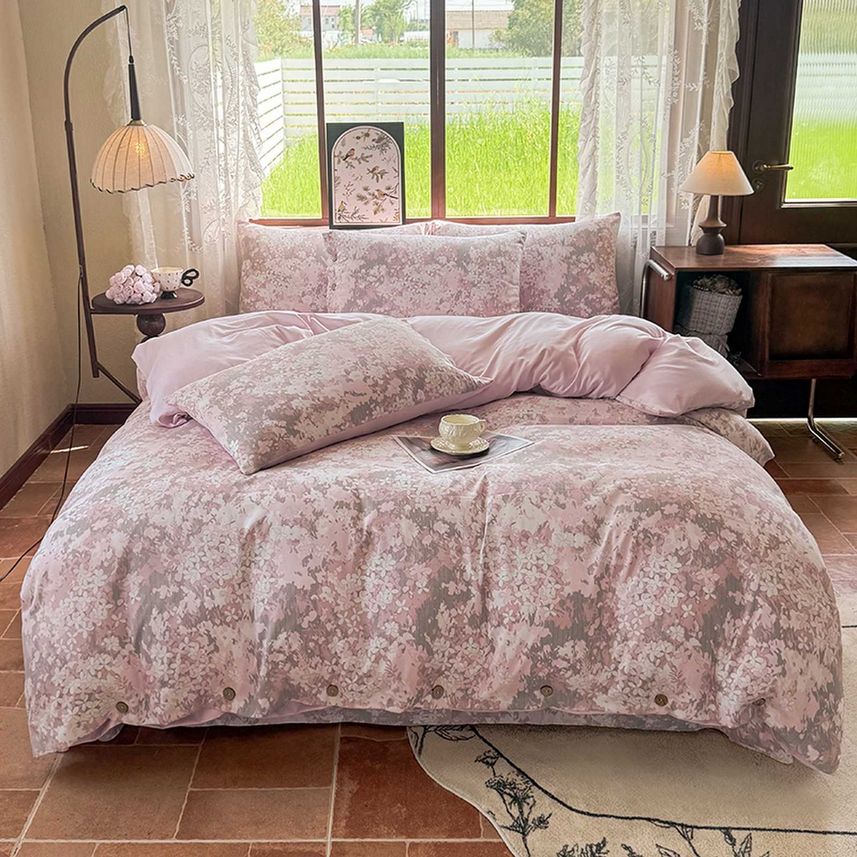 果洋家纺 2025新款水洗双层纱复古纽扣款轻奢风小碎花系列四件套 粉黛佳人