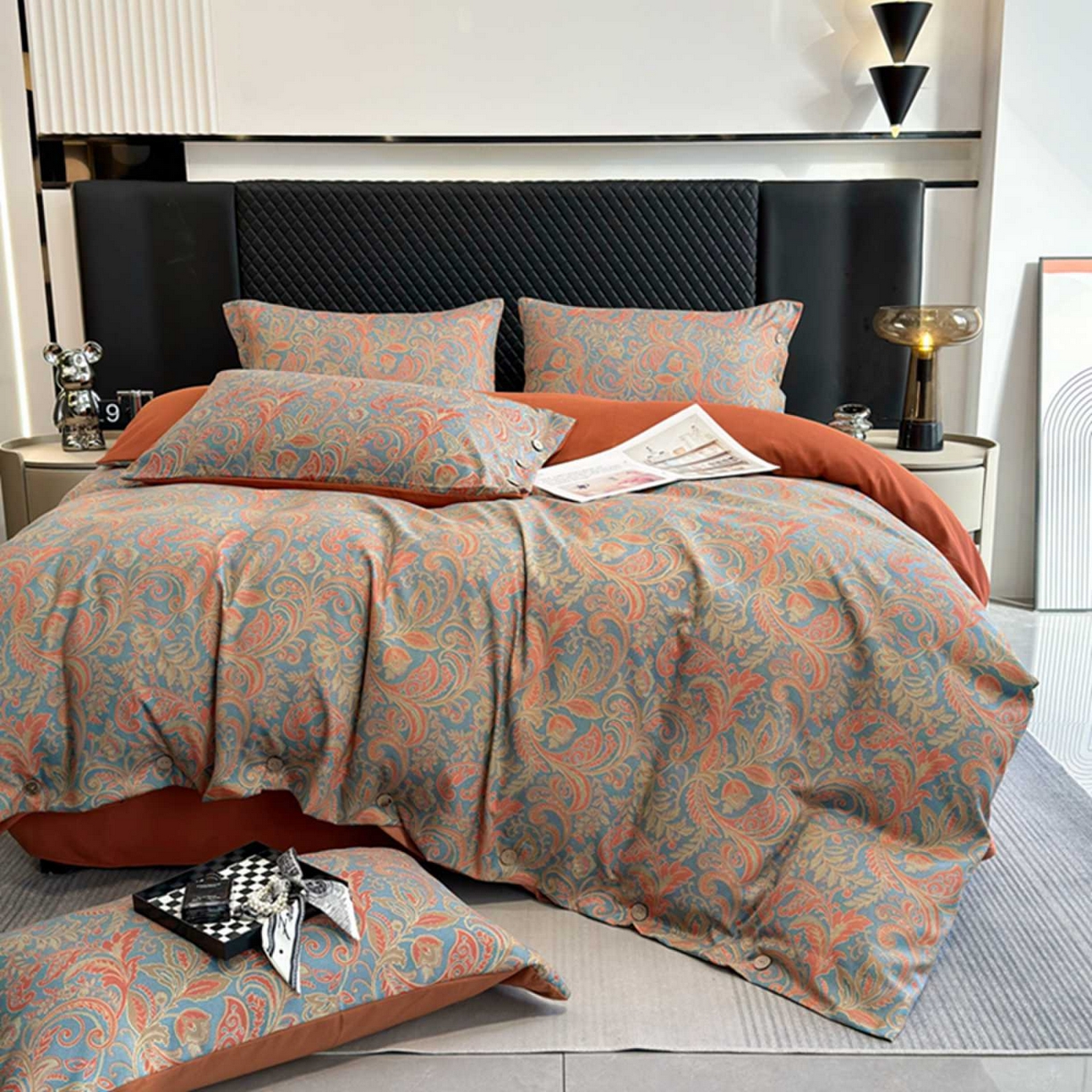 91家纺网 家纺一手货源 找家纺 果洋家纺 2025新款水洗双层纱复古纽扣款轻奢风小碎花系列四件套 凤舞