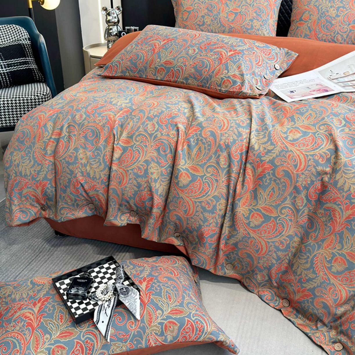 91家纺网 家纺一手货源 找家纺 果洋家纺 2025新款水洗双层纱复古纽扣款轻奢风小碎花系列四件套 凤舞