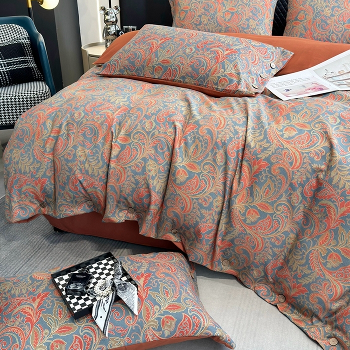 91家纺网 家纺一手货源 找家纺 果洋家纺 2025新款水洗双层纱复古纽扣款轻奢风小碎花系列四件套 凤舞