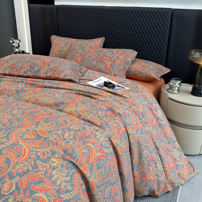 91家纺网 家纺一手货源 找家纺 果洋家纺 2025新款水洗双层纱复古纽扣款轻奢风小碎花系列四件套 凤舞