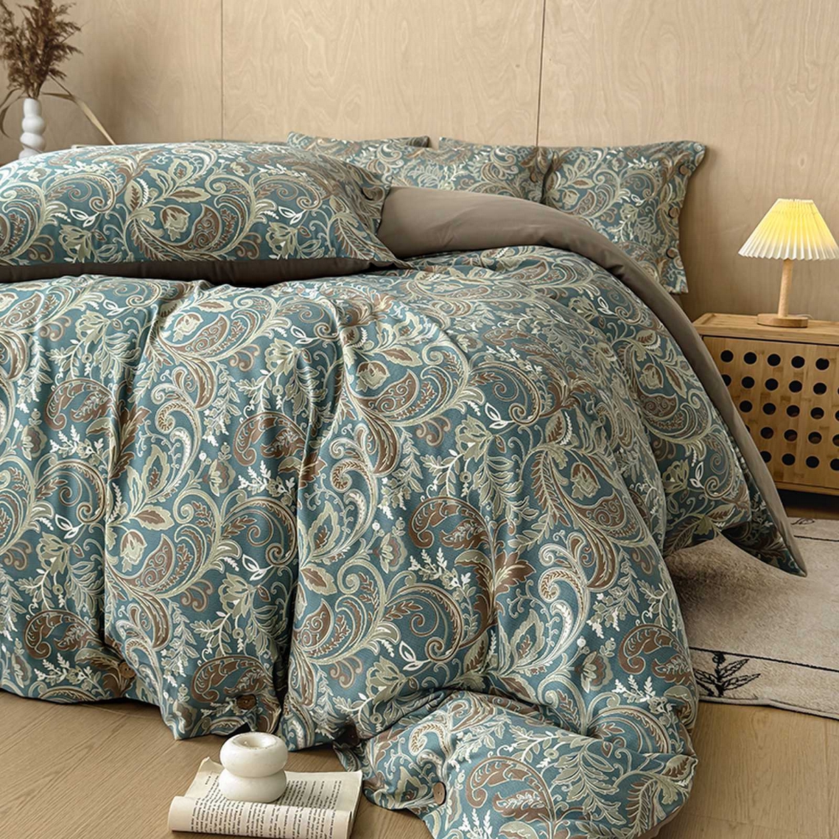 91家纺网 家纺一手货源 找家纺 果洋家纺 2025新款水洗双层纱复古纽扣款轻奢风小碎花系列四件套 凤舞蓝