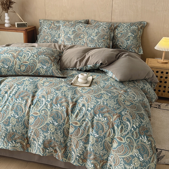 91家纺网 家纺一手货源 找家纺 果洋家纺 2025新款水洗双层纱复古纽扣款轻奢风小碎花系列四件套 凤舞蓝