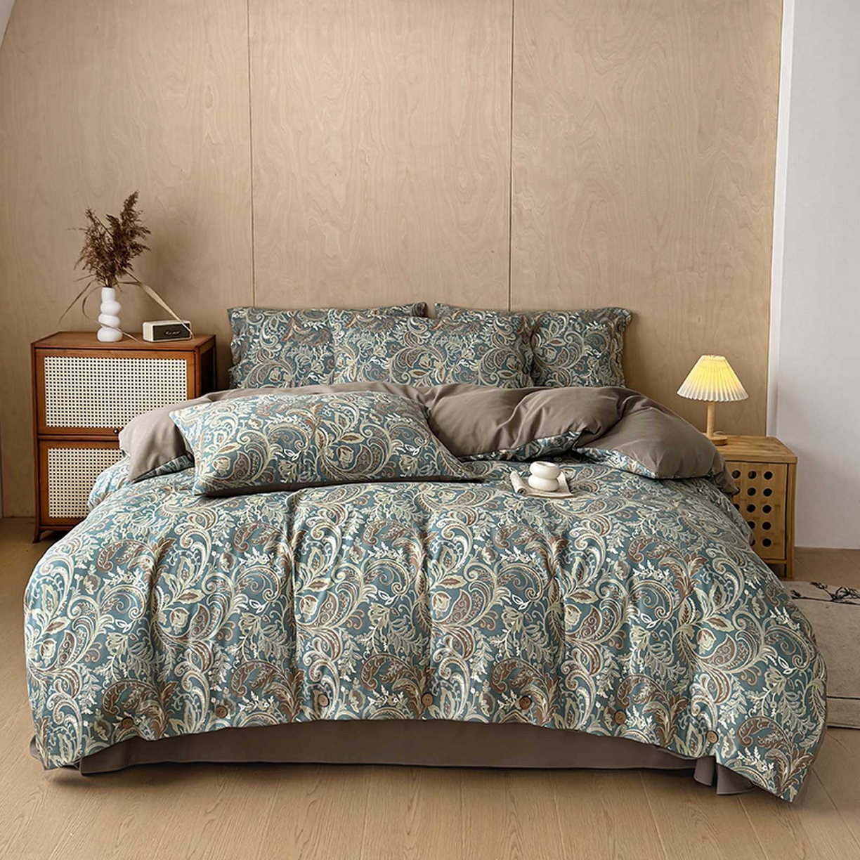 果洋家纺 2025新款水洗双层纱复古纽扣款轻奢风小碎花系列四件套 凤舞蓝