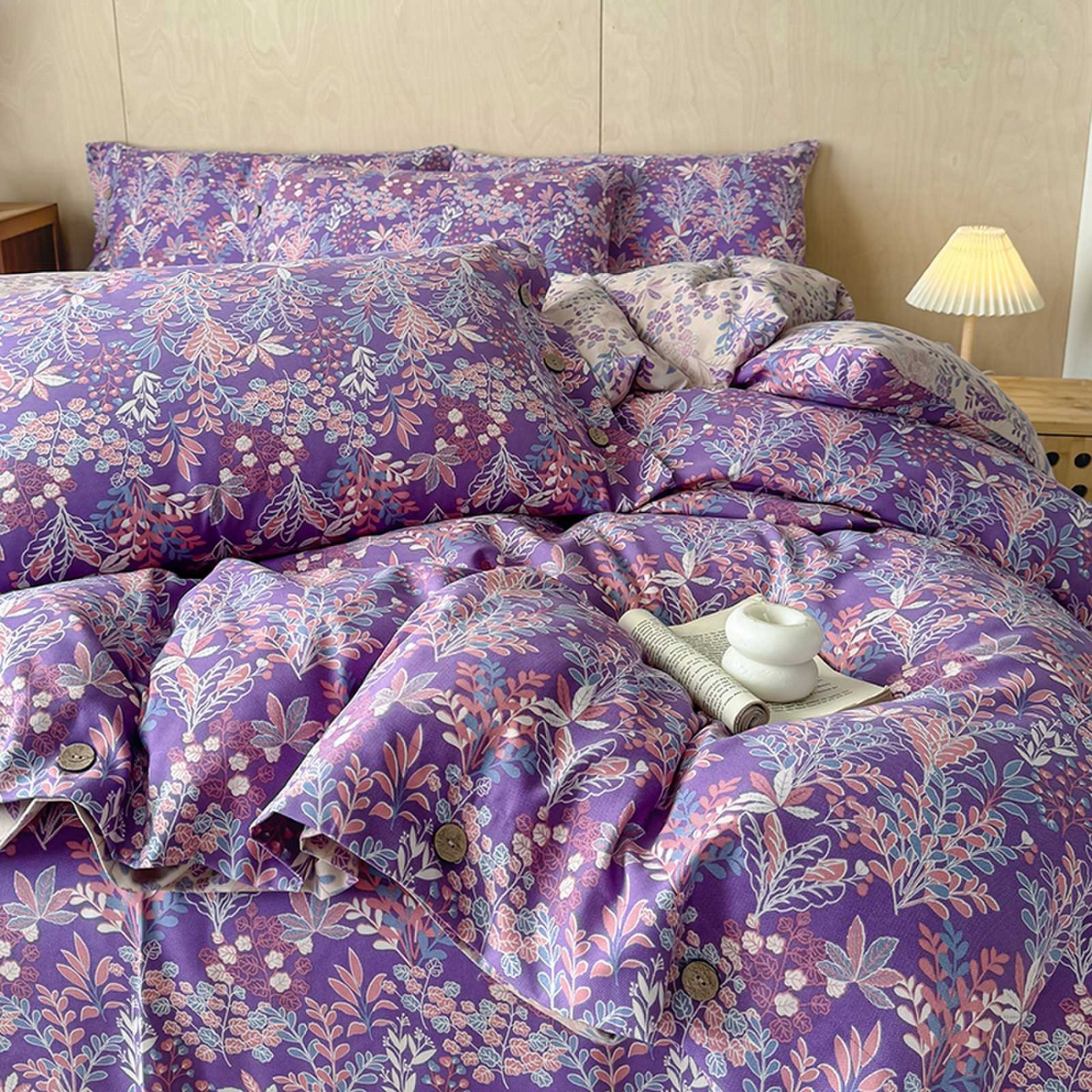 91家纺网 家纺一手货源 找家纺 果洋家纺 2025新款水洗双层纱复古纽扣款轻奢风小碎花系列四件套 花花世界-彩