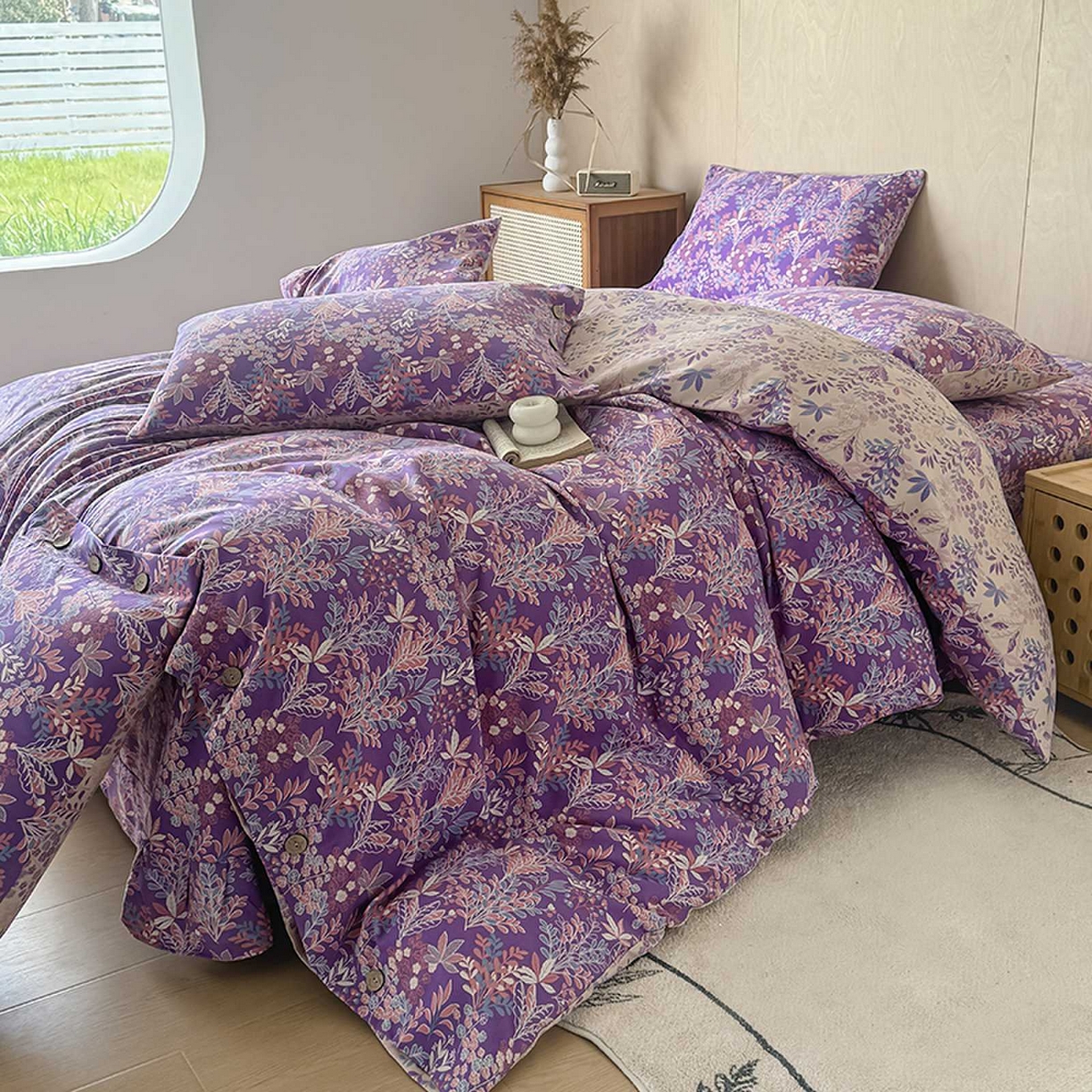 91家纺网 家纺一手货源 找家纺 果洋家纺 2025新款水洗双层纱复古纽扣款轻奢风小碎花系列四件套 花花世界-彩