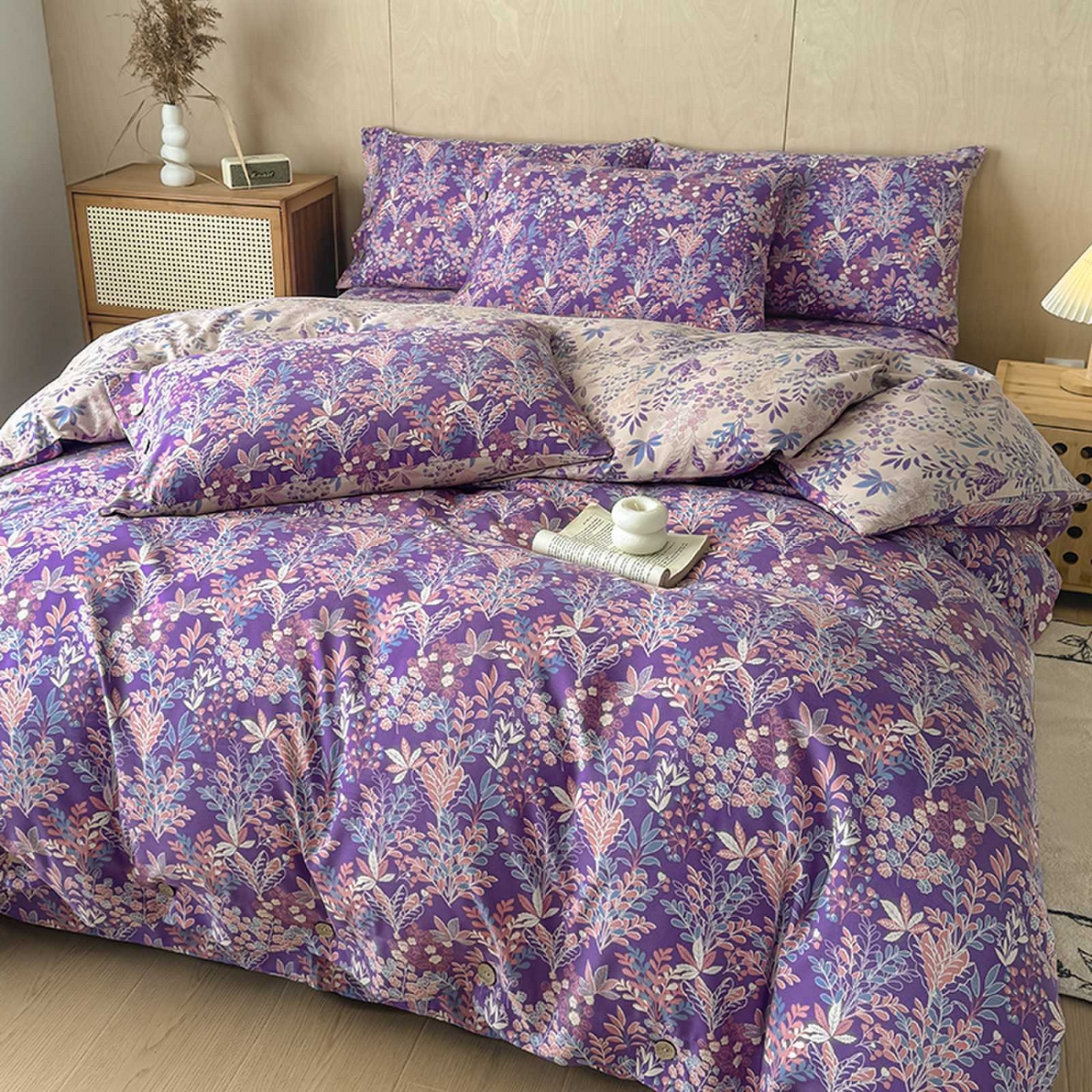 91家纺网 家纺一手货源 找家纺 果洋家纺 2025新款水洗双层纱复古纽扣款轻奢风小碎花系列四件套 花花世界-彩