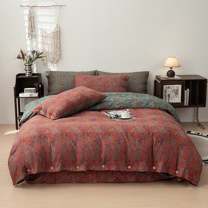 91家纺网 家纺一手货源 找家纺 果洋家纺 2025新款水洗双层纱复古纽扣款轻奢风小碎花系列四件套 花花世界-红