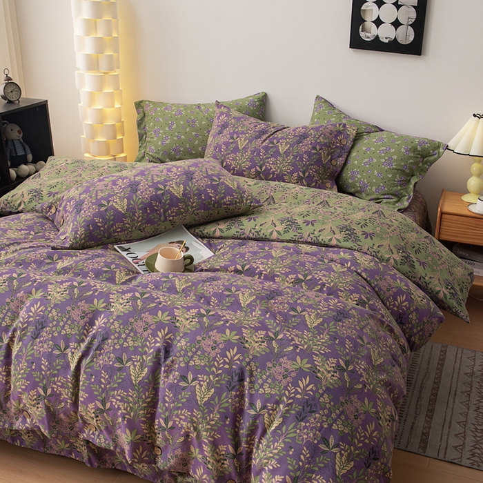 91家纺网 家纺一手货源 找家纺 果洋家纺 2025新款水洗双层纱复古纽扣款轻奢风小碎花系列四件套 花花世界-紫