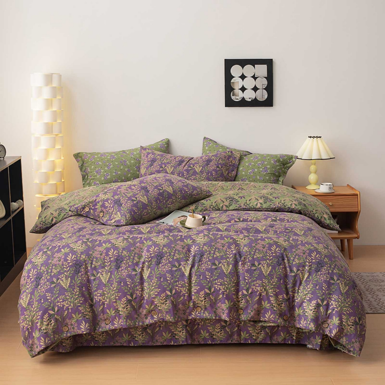 果洋家纺 2025新款水洗双层纱复古纽扣款轻奢风小碎花系列四件套 花花世界-紫