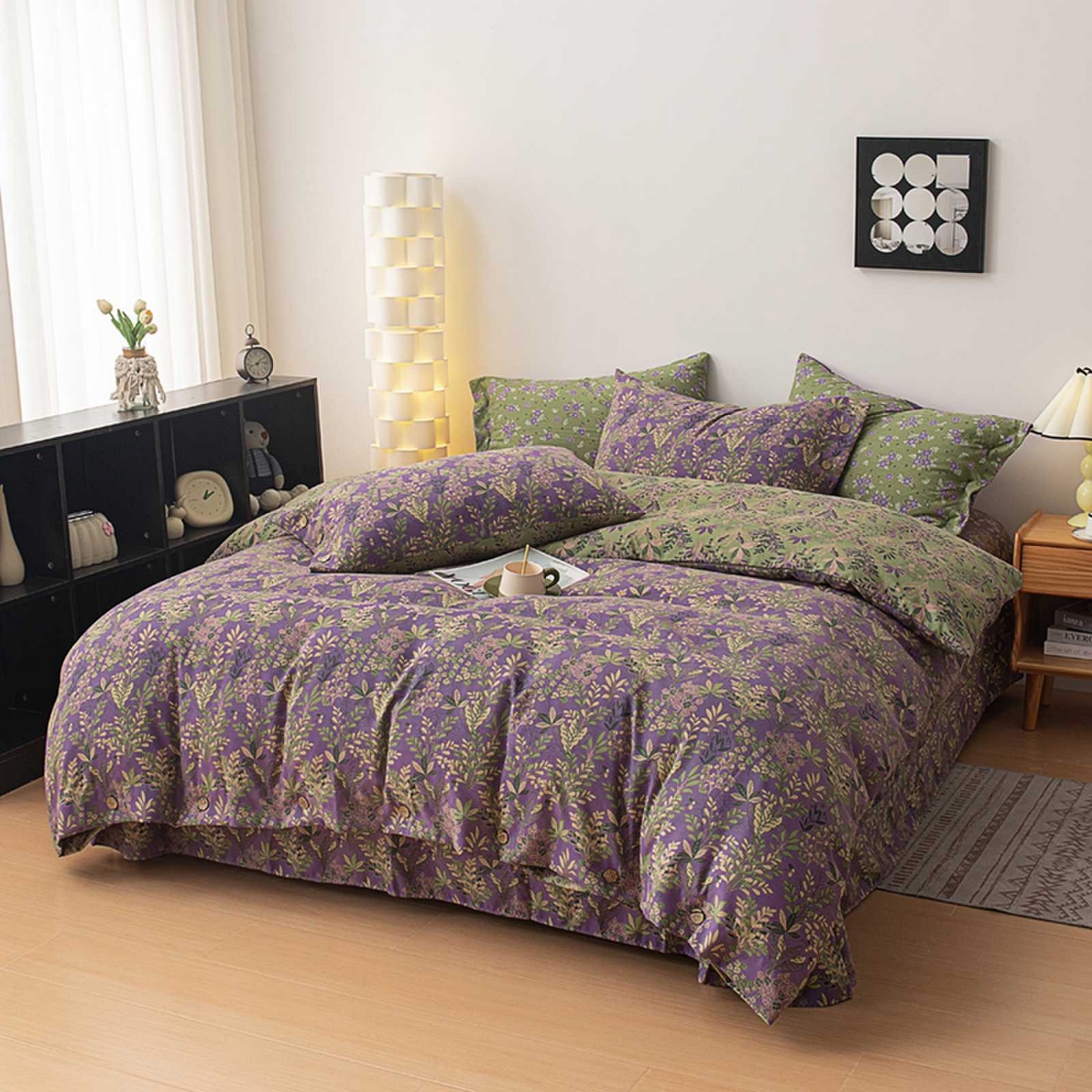 91家纺网 家纺一手货源 找家纺 果洋家纺 2025新款水洗双层纱复古纽扣款轻奢风小碎花系列四件套 花花世界-紫