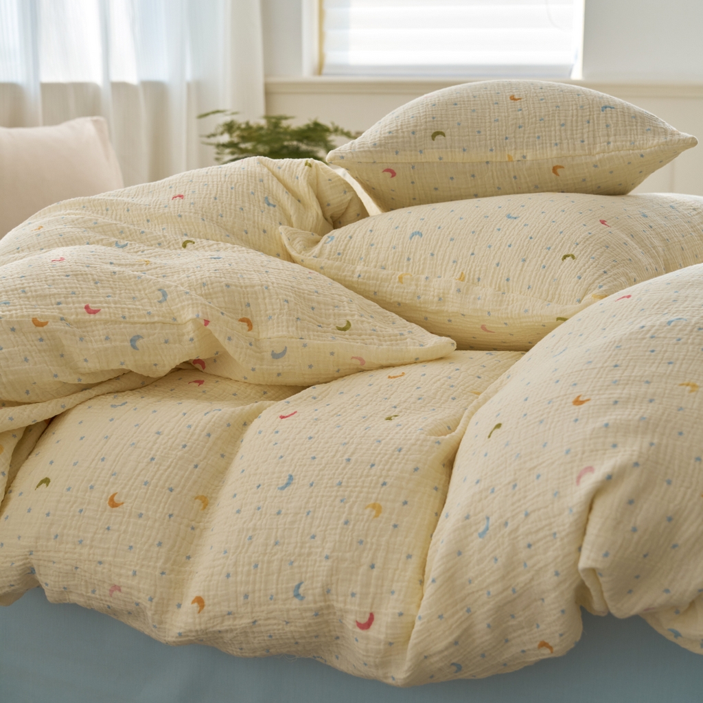 91家纺网 家纺一手货源 找家纺 洋铭区（原狠狠爱） 2025新款全棉纯棉皱皱纱四件套 星月天空