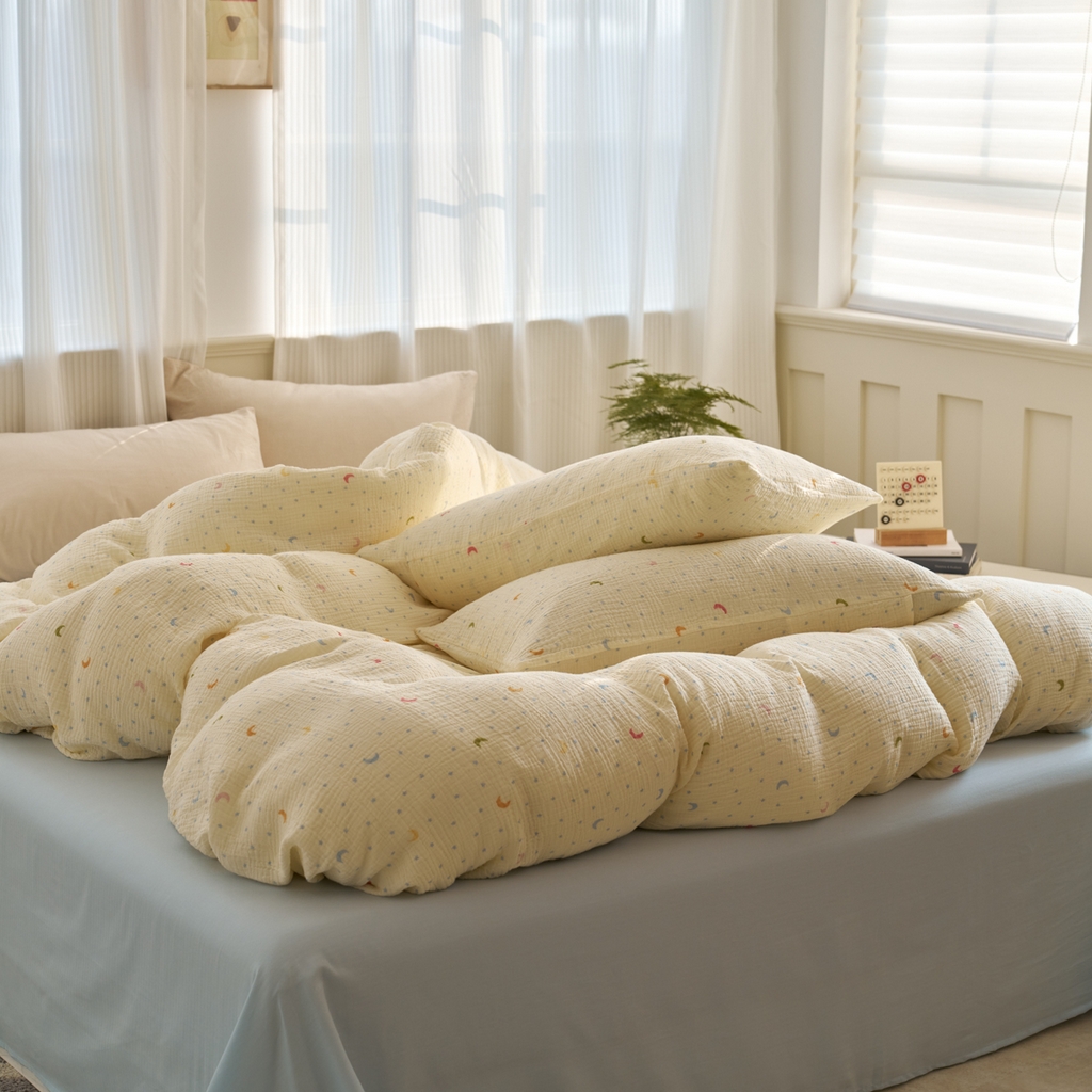 91家纺网 家纺一手货源 找家纺 洋铭区（原狠狠爱） 2025新款全棉纯棉皱皱纱四件套 星月天空