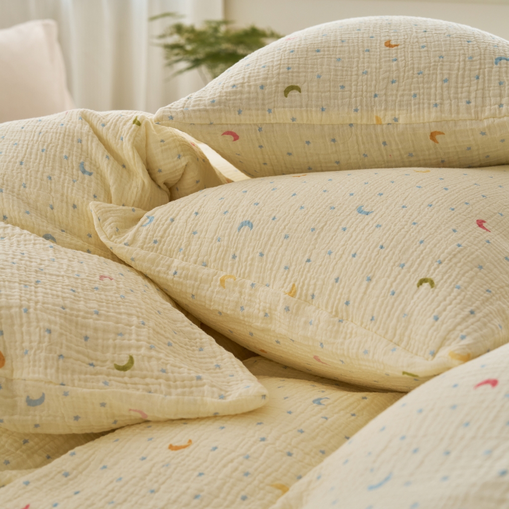 91家纺网 家纺一手货源 找家纺 洋铭区（原狠狠爱） 2025新款全棉纯棉皱皱纱四件套 星月天空