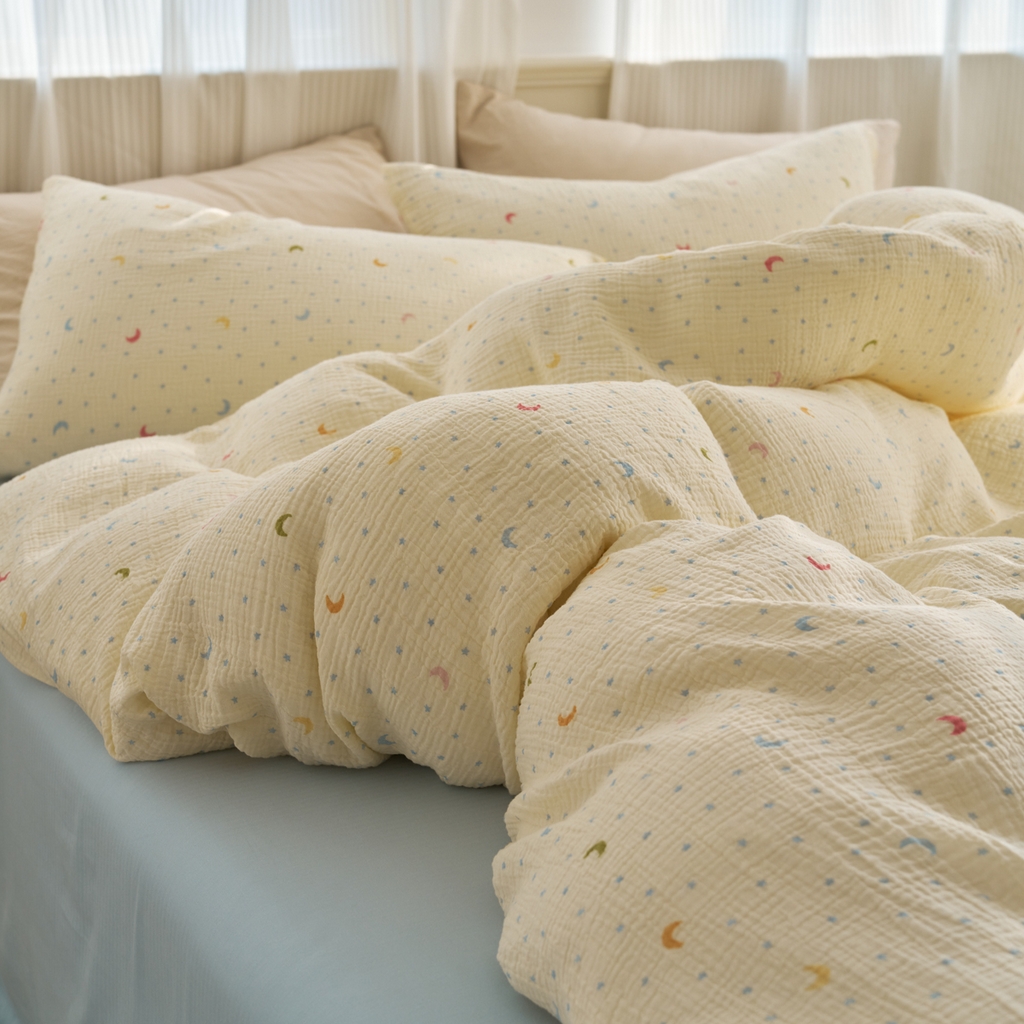 91家纺网 家纺一手货源 找家纺 洋铭区（原狠狠爱） 2025新款全棉纯棉皱皱纱四件套 星月天空