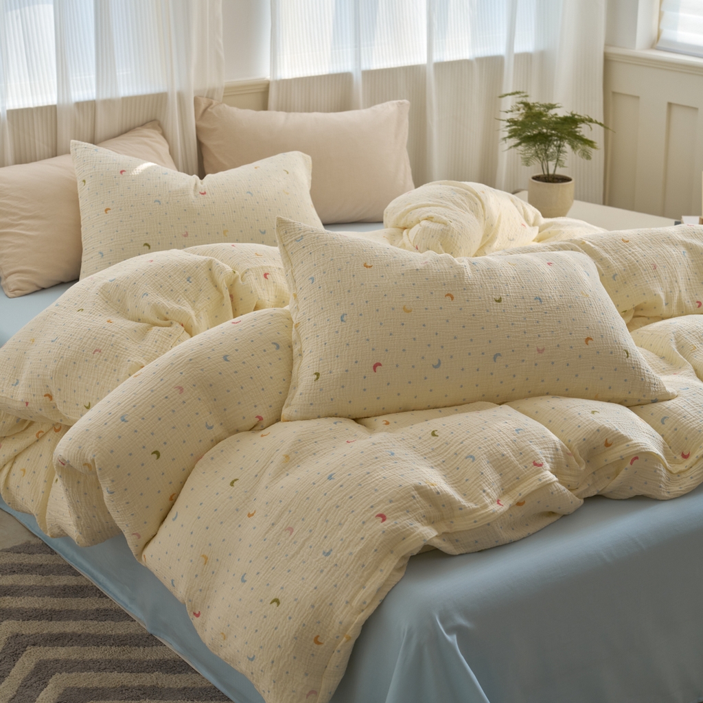 91家纺网 家纺一手货源 找家纺 洋铭区（原狠狠爱） 2025新款全棉纯棉皱皱纱四件套 星月天空