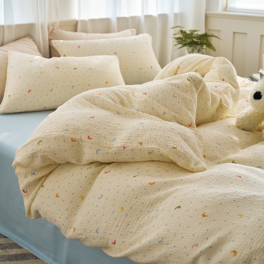 91家纺网 家纺一手货源 找家纺 洋铭区（原狠狠爱） 2025新款全棉纯棉皱皱纱四件套 星月天空